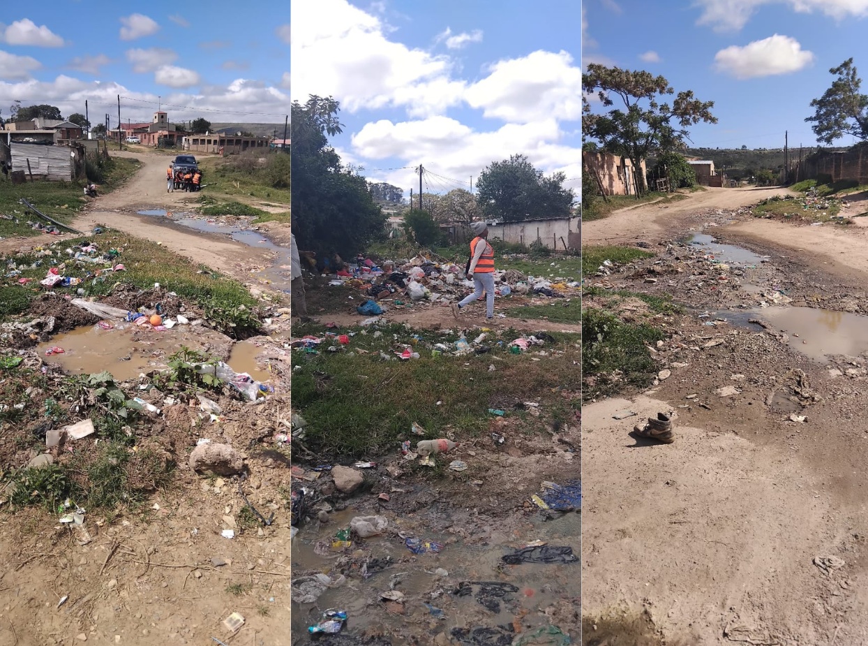 Makana streets with litter and sewage 